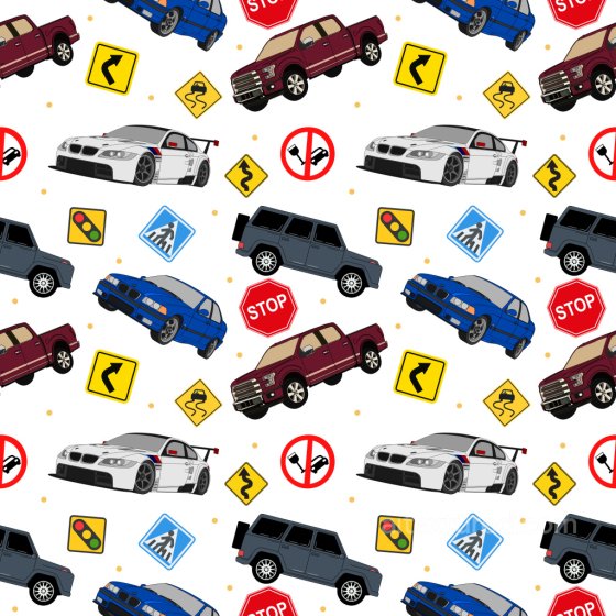 Pattern PBR Texture Featuring Colorful Vehicles and Traffic Signs on White Background Pattern Bundle texture preview