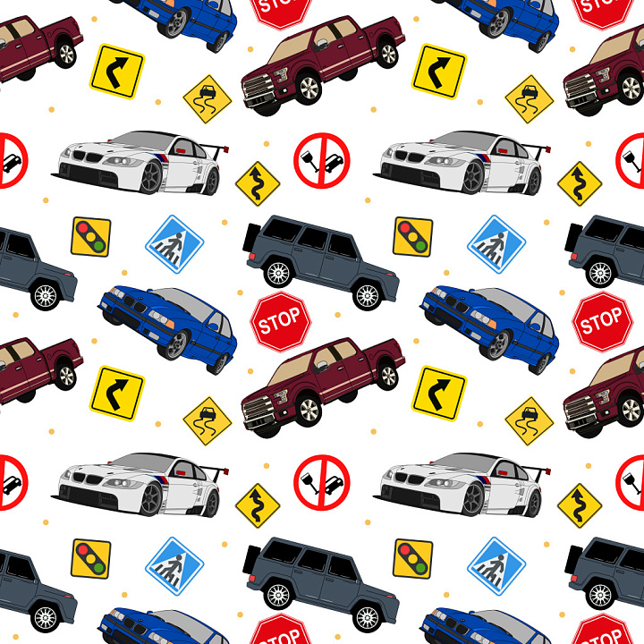 Pattern Featuring Colorful Vehicles and Traffic Signs on White Backgrou… seamless PBR texture preview