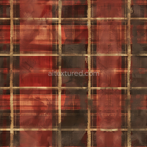 Seamless 3D PBR Plaid Texture with Warm Red, Brown, and Ochre Brush-Stroke Pattern