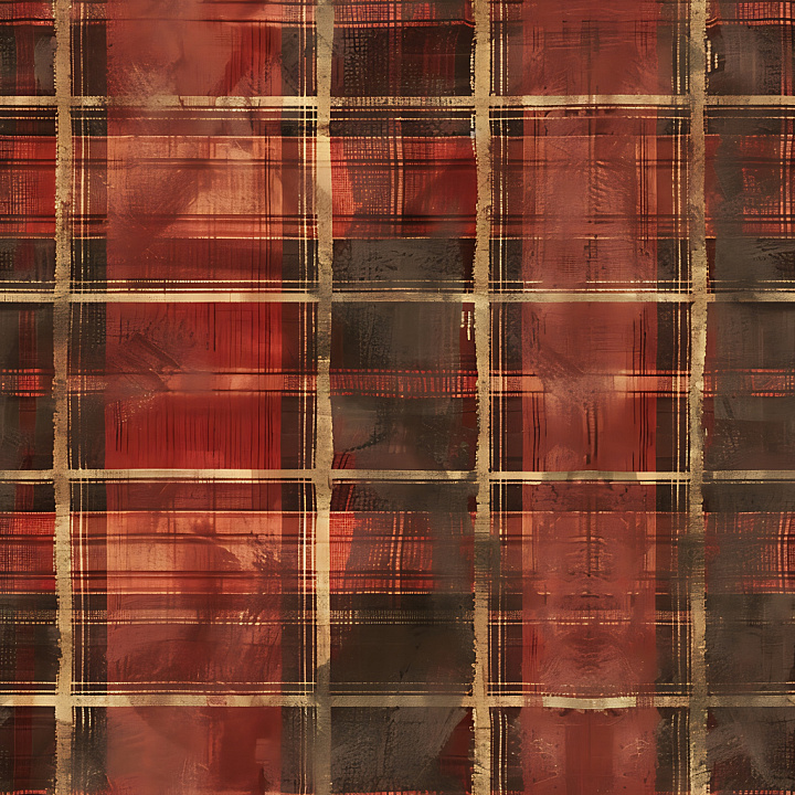 Plaid with Warm Red, Brown, and Ochre Brush-Stroke Pattern seamless PBR texture preview