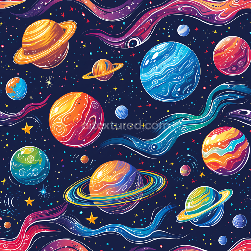Seamless 3D Space PBR Texture Featuring Vibrant Cartoon Planets and Cosmic Swirls