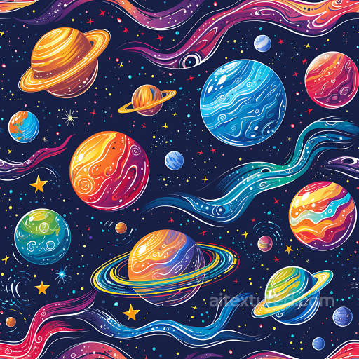 Space PBR Texture Featuring Vibrant Cartoon Planets and Cosmic Swirls seamless Star, space, planets PBR texture