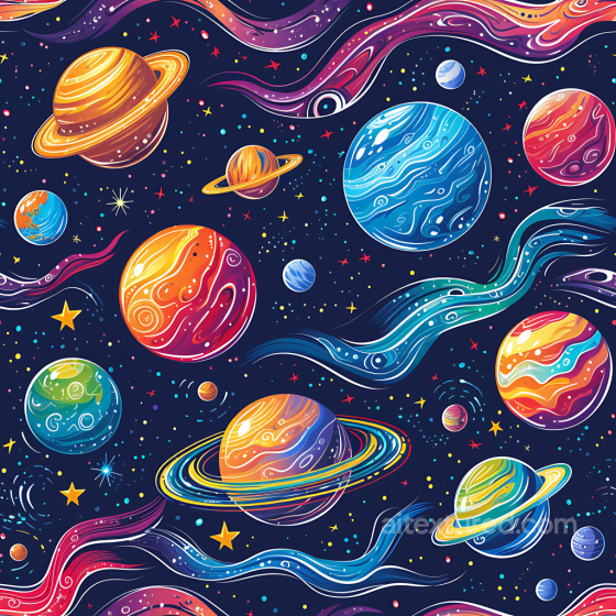 Space PBR Texture Featuring Vibrant Cartoon Planets and Cosmic Swirls Star, space, planets texture preview