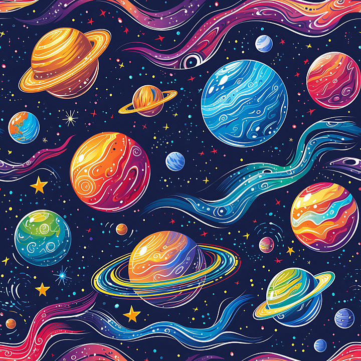 Space Featuring Vibrant Cartoon Planets and Cosmic Swirls seamless PBR texture preview