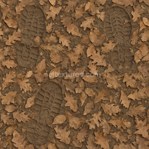 Seamless 3d texture pbr 8k leaf covered prints with shallow impressions on uneven ground