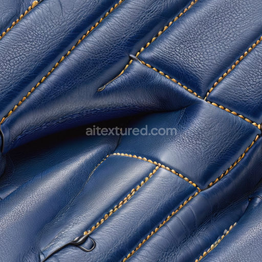 Seamless 3D PBR Texture of Blue Pebbled Grain Leather with Detailed Stitching and Padded Panels
