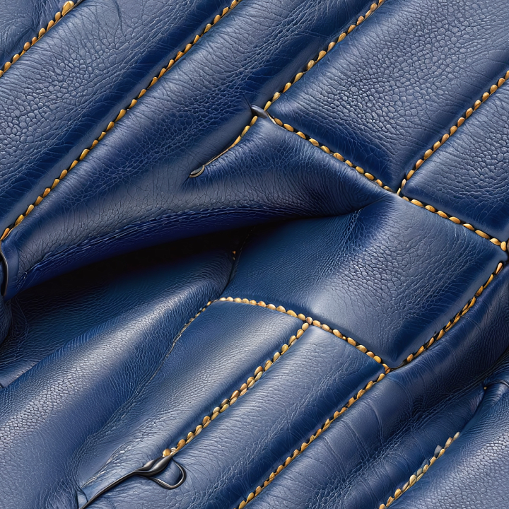 Blue Pebbled Grain Leather with Detailed Stitching and Padded Panels seamless PBR texture preview