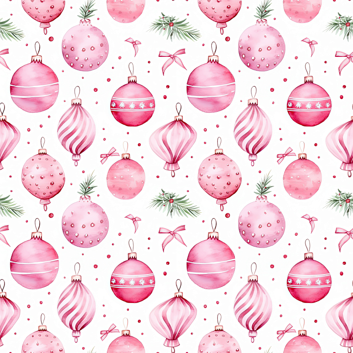 Digital Paper with Pink Christmas Ornaments and Pine Sprigs Wood seamless PBR texture preview