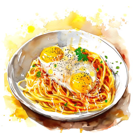 Watercolor Style Carbonara Spaghetti with Sunny-Side Up Eggs Breakfast Illustration