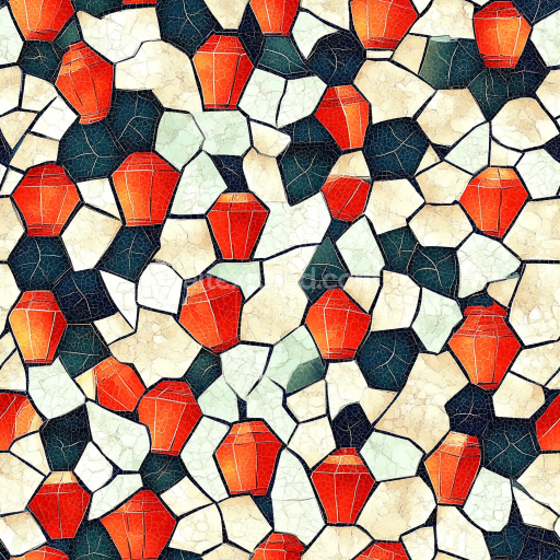 Seamless 3D mosaic PBR texture featuring cracked red ceramic shards and irregular cream t… texture preview