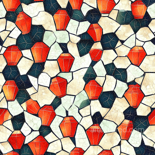 mosaic PBR texture featuring cracked red ceramic shards and irregular cream tiles seamless Mosaic PBR texture