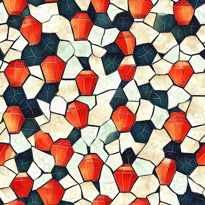 Mosaic Featuring Cracked Red Ceramic Shards And Irregular Cream Tiles seamless PBR texture preview