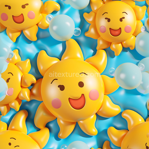 Seamless 3D Inflated Sunny Plush PBR Texture with Cheerful Faces and Blue Background