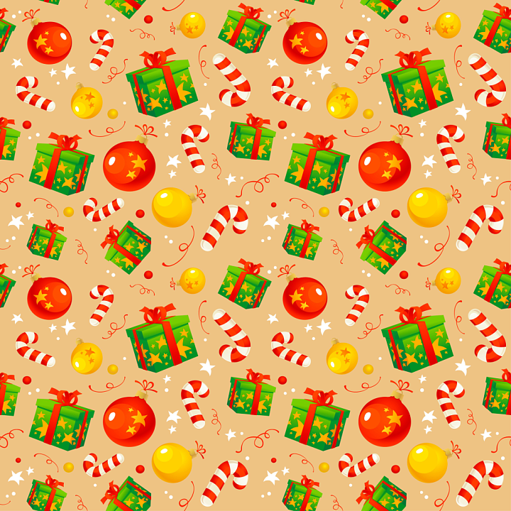 Christmas Digital Paper with Gift Boxes and Ornaments seamless PBR texture preview