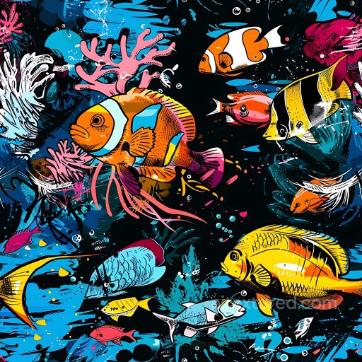 Seamless 3D PBR Texture Featuring Vibrant Graffiti of Tropical Ocean Fish texture preview
