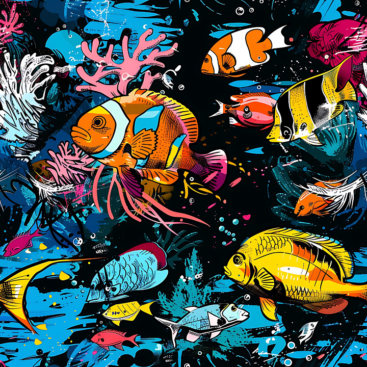Featuring Vibrant Graffiti of Tropical Ocean Fish seamless PBR texture preview