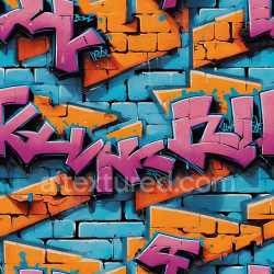 seamless Seamless 3D PBR Texture of Blue Brick Wall with Orange Arrow Graffiti and Pink Lettering texture 8k free download PBR