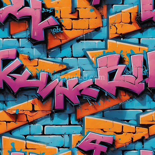 Seamless 3D PBR Texture of Blue Brick Wall with Orange Arrow Graffiti and Pink Lettering