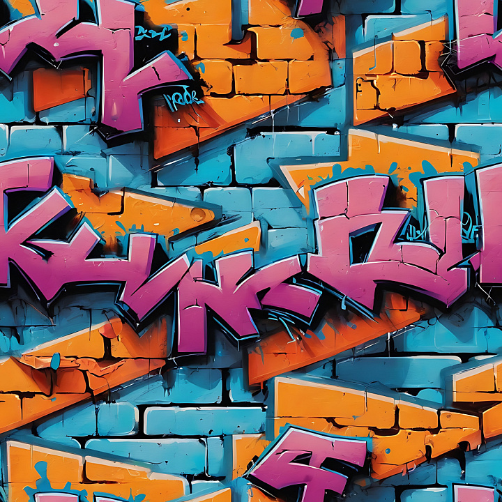 Graffiti of Blue Brick Wall with Orange Arrow Graffiti and Pink Letteri… seamless PBR texture preview