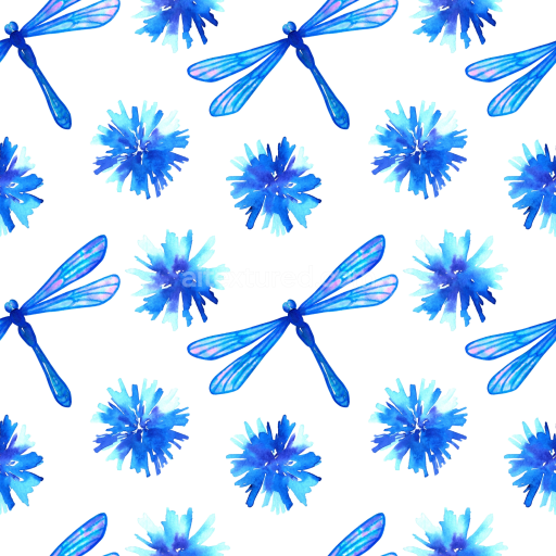 Seamless 3D PBR Texture of Blue Watercolor Dragonfly and Floral Pattern
