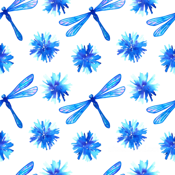 Blue Watercolor Dragonfly and Floral Pattern Seamless Texture Dragonfly texture preview