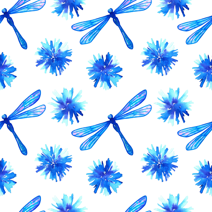 Blue Watercolor Dragonfly and Floral Pattern seamless PBR texture preview