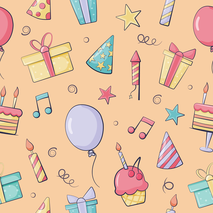 Birthday Party Pattern with Balloons and Gifts seamless PBR texture preview