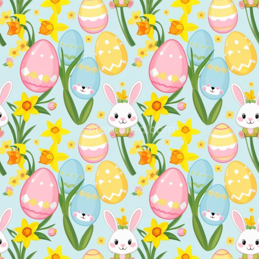 Seamless 3D PBR Texture of Easter Eggs, Bunny and Daffodils in Pastel Colors
