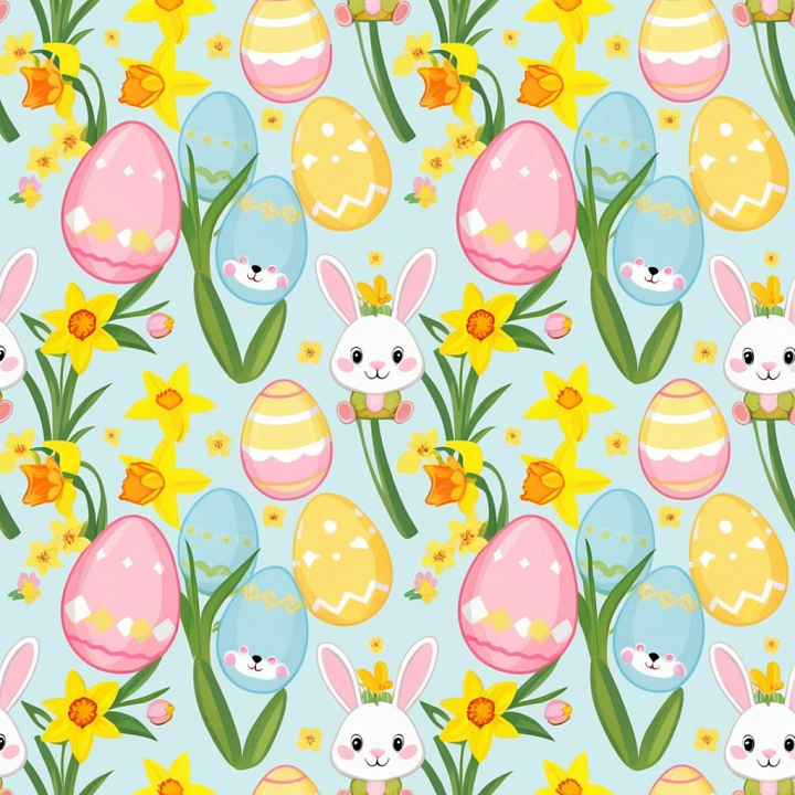 Easter Digital Paper with Pastel Eggs and Daffodils seamless PBR texture preview