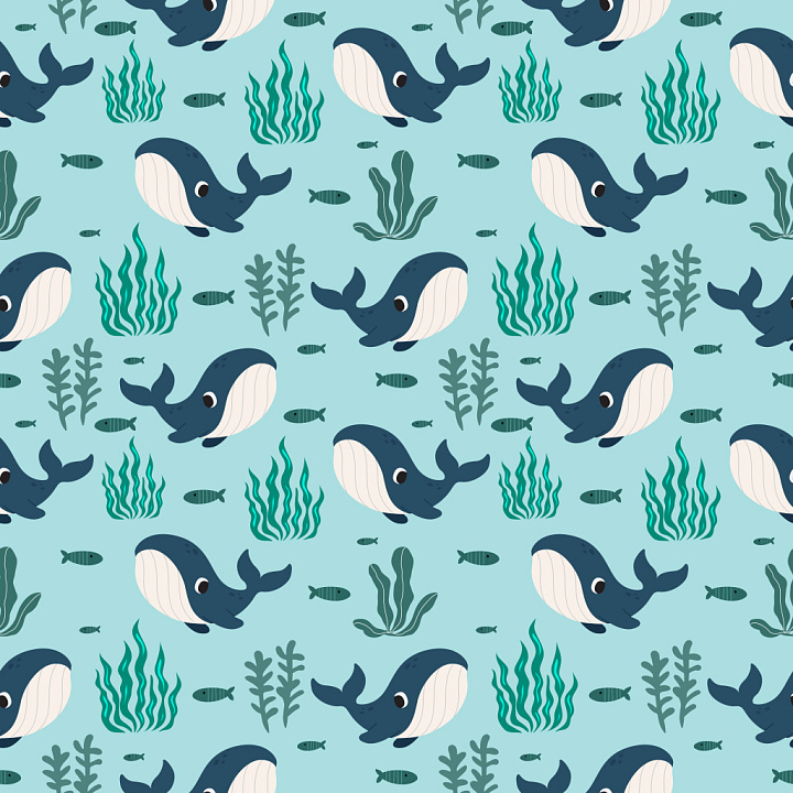Cartoon Whale and Seaweed Pattern with Playful Marine Motifs seamless PBR texture preview