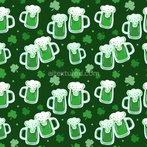 Seamless 3D PBR Texture with Green Beer Mugs & Four-Leaf Clovers