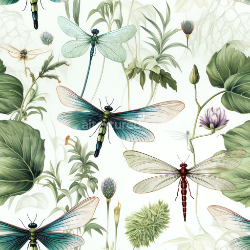 Seamless 3D PBR Texture Featuring Delicate Dragonflies and Lush Greenery