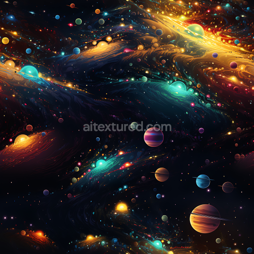 Seamless 3D Space PBR Texture Featuring Vibrant Nebulae and Multicolored Planets