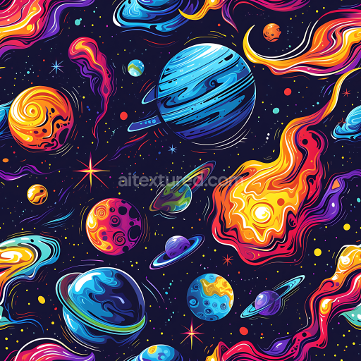 Seamless 3D Space PBR Texture Featuring Vibrant Stylized Planets and Cosmic Energy