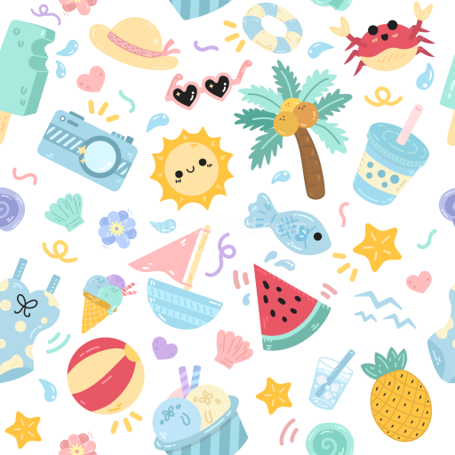 Seamless 3D PBR baby boy summer-themed cartoon fabric texture with playful icons
