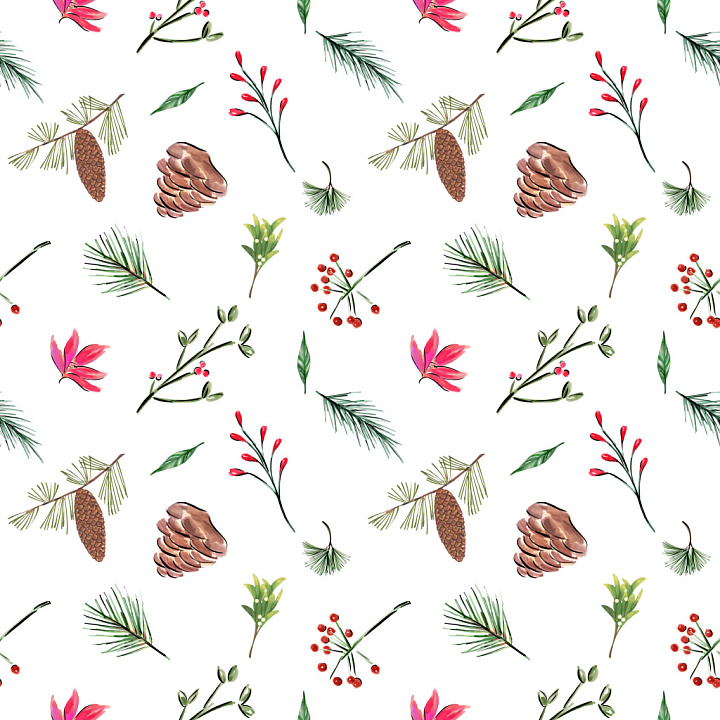 Pattern with Hand-Painted Christmas Botanicals and Pinecones Wood seamless PBR texture preview