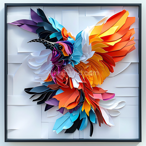 Seamless 3D PBR texture of bright colorful layered bird feathers in origami style