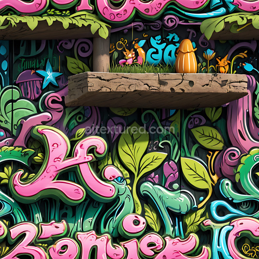 Seamless 3D PBR Texture of Vibrant Playful Graffiti with Cartoonish Street Art