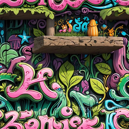 Seamless 3D PBR Texture of Vibrant Playful Graffiti with Cartoonish Street Art texture preview