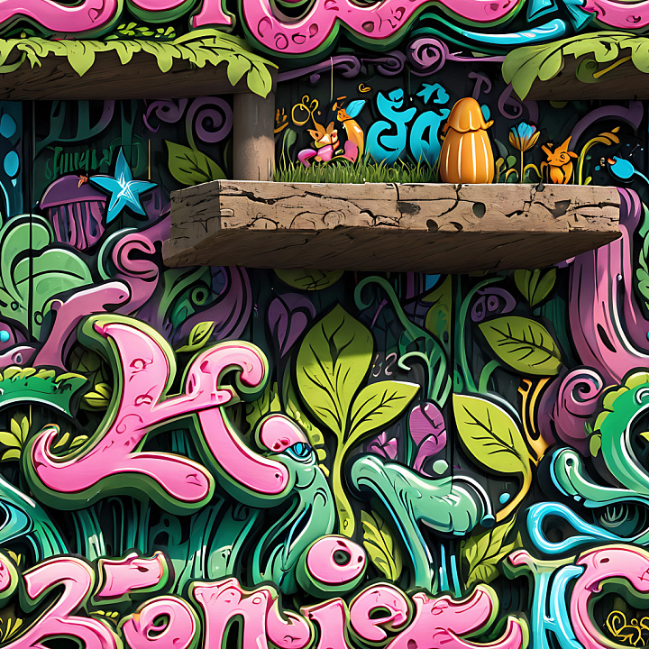 Vibrant Playful Graffiti with Cartoonish Street Art seamless PBR texture preview