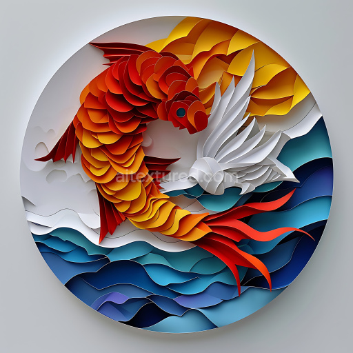 Seamless 3D PBR texture of vibrant orange koi fish scales with layered origami style