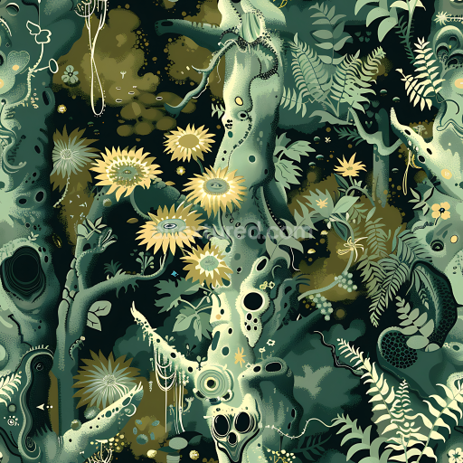 Seamless 3D Stylized Jungle Camouflage PBR Texture with Detailed Botanical Motifs