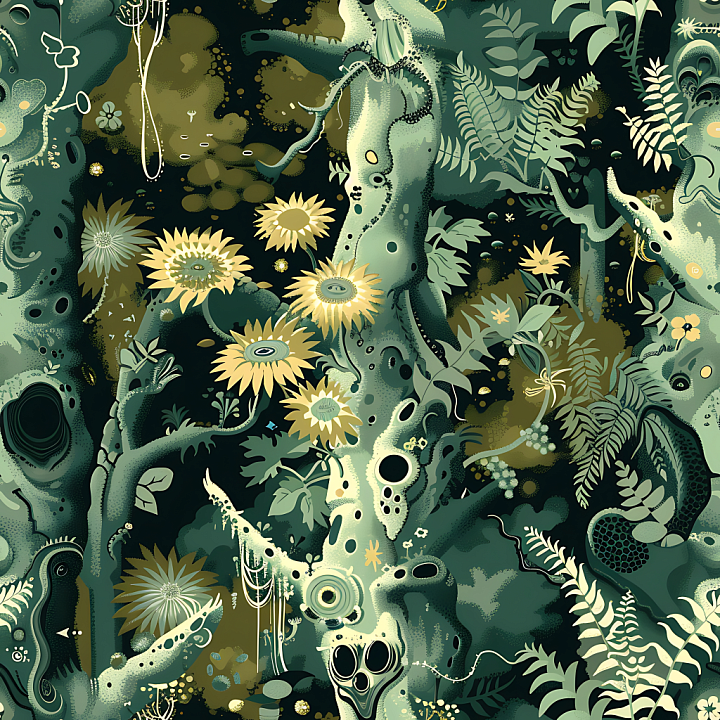 Stylized Jungle Camouflage with Detailed Botanical Motifs seamless PBR texture preview