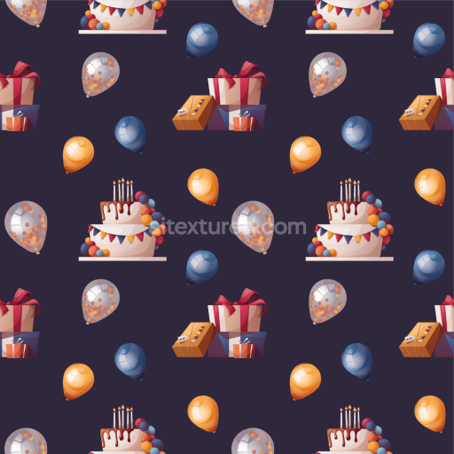 Seamless 3D PBR Texture of Birthday Cakes, Balloons & Gifts Pattern