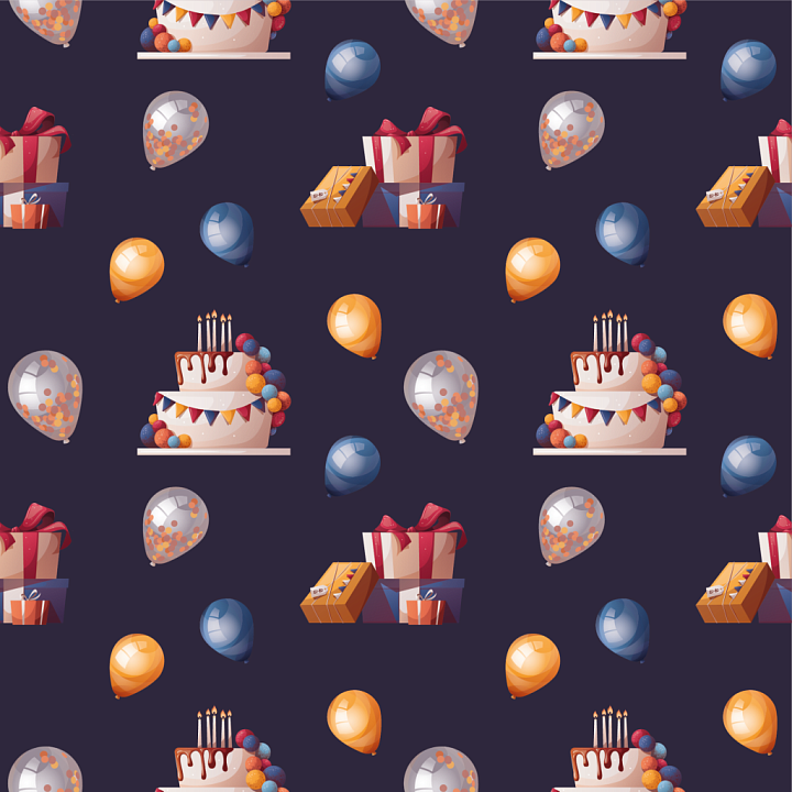 Birthday Cakes, Balloons & Gifts Pattern seamless PBR texture preview