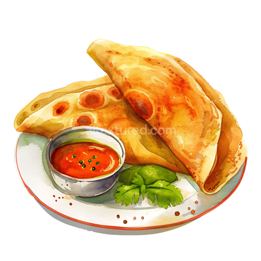 Watercolor Indian Masala Dosa Breakfast with Spicy Chutney and Fresh Herb