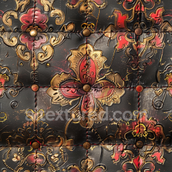 seamless Seamless 3D PBR Texture of Embossed Ornate Black Leather with Floral Pattern and Brass Studs texture 8k free download PBR