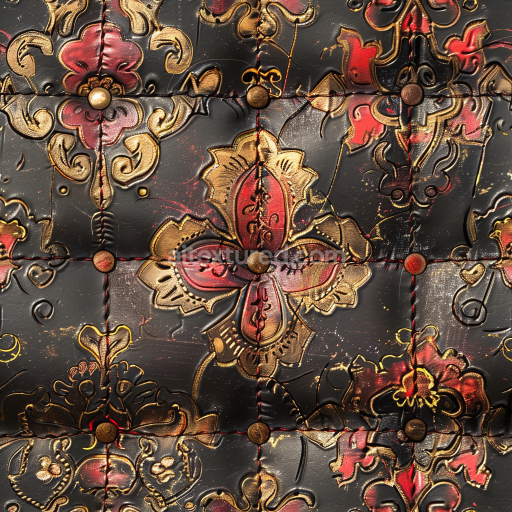 Seamless 3D PBR Texture of Embossed Ornate Black Leather with Floral Pattern and Brass Studs
