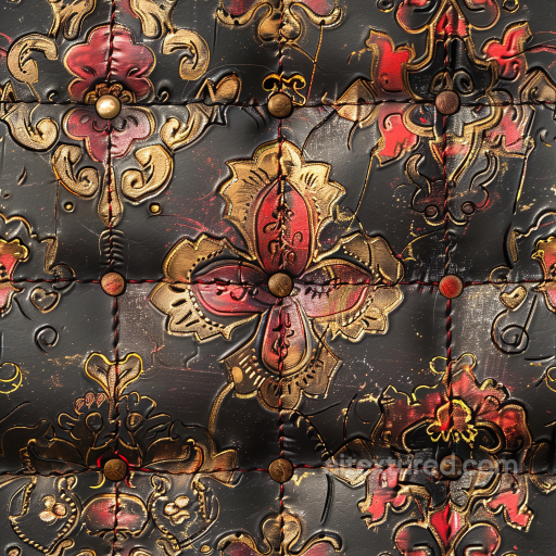 Embossed Ornate Black Leather Seamless Texture with Floral Pattern and Brass Studs seamless Leather PBR texture