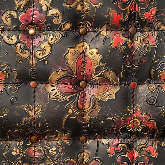 Embossed Ornate Black Leather Seamless Texture with Floral Pattern and Brass Studs Leather texture preview